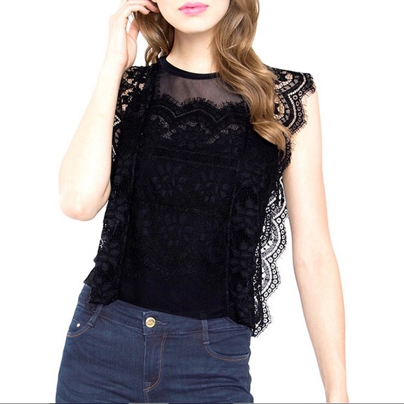 Black Butterfly Lace Trim Lace Sleeve Top - Picture 4 of 7